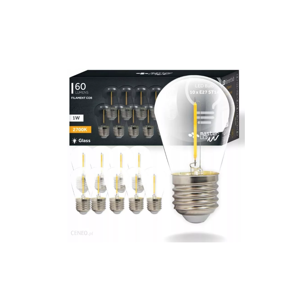 10 stk E27 2W LED pære - ST14, COB filament, klart glas