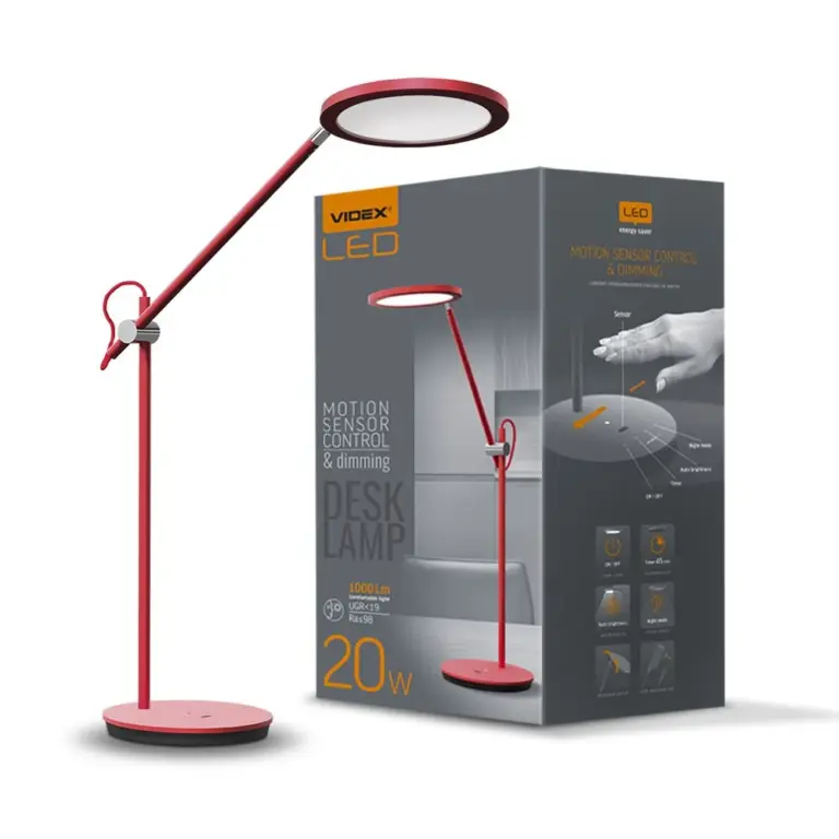 20W LED bordlampe - Rød, sensor og touchstyring, dæmpbar, 1450lm, RA 98, 4100K, 230V