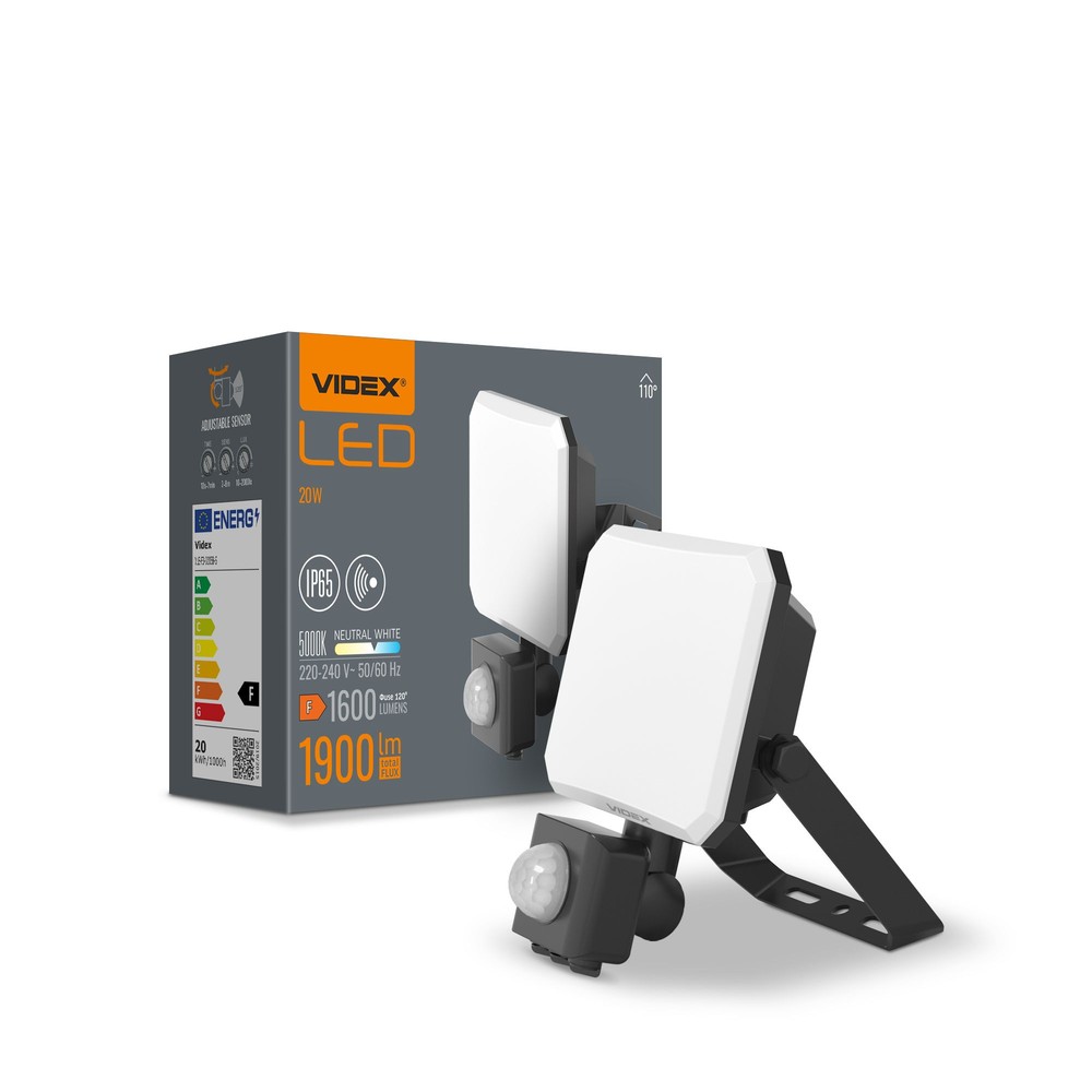 20W LED projektør med sensor - IP65, 5000K, sort, udendørs, bevægelsessensor