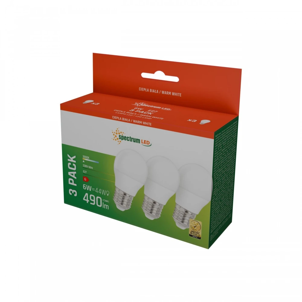 3-pak E27 6W LED pære - G45, Varm hvid