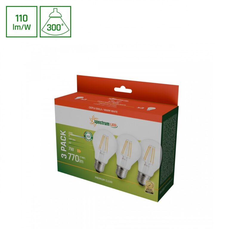 3 stk. E27 7W LED pære - GLS, filament, 770lm, varm hvid, 3-pak
