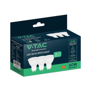 3 stk. V-Tac 6W GU10 LED pærer - 445lm, 110 grader, 4000K
