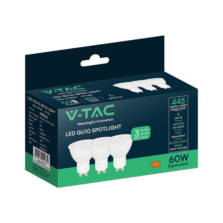 3 stk. V-Tac 6W GU10 LED pærer - 445lm, 110 grader, 4000K