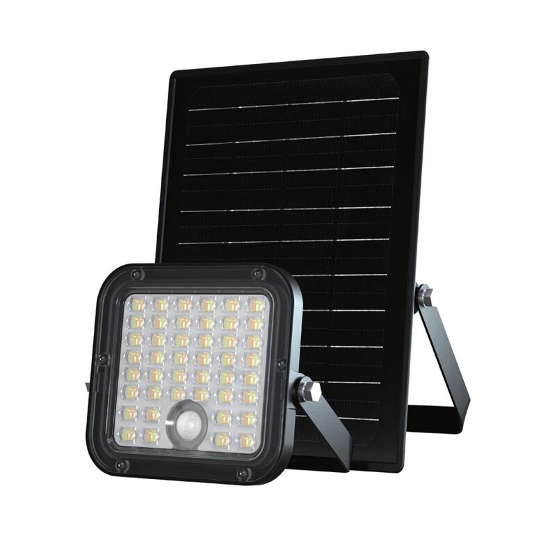 30W Solara CCT LED projektør med solcelle - 6.4V, IP65, sort, fjernbetjening, CCT-skift, inkl. batteri