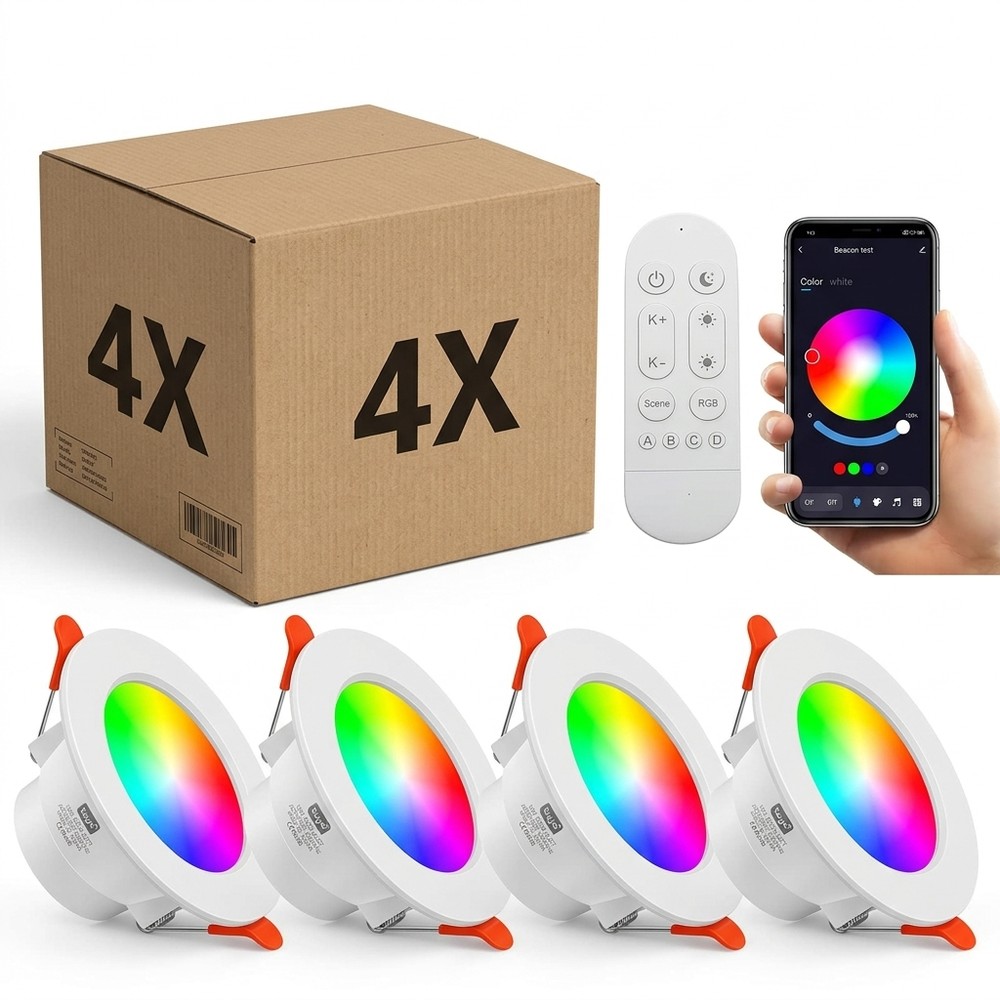 4 stk. RGB+CCT Smart Home downlight - 5W LED, Bluetooth, virker med Google Home, Alexa og smartphones