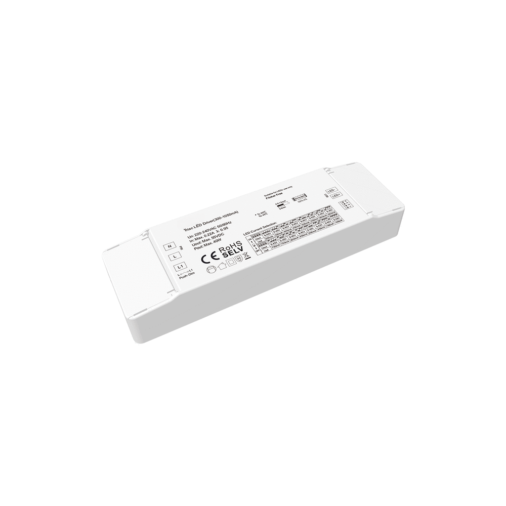 40W / 300-1050mA dæmpbar driver til LED panel - 9-45V, Triac + Push dim, flicker fri