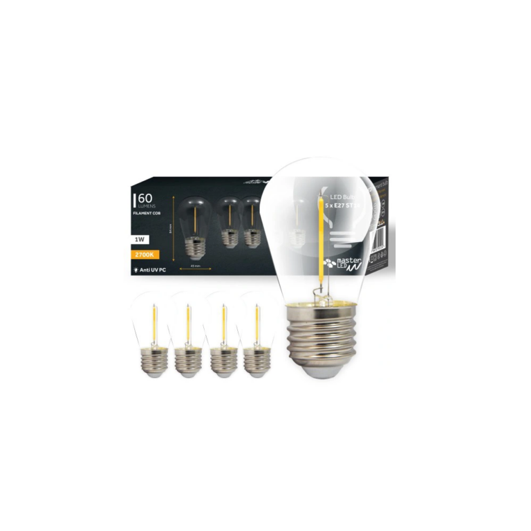 5 stk E27 1W LED pære - ST14, COB filament