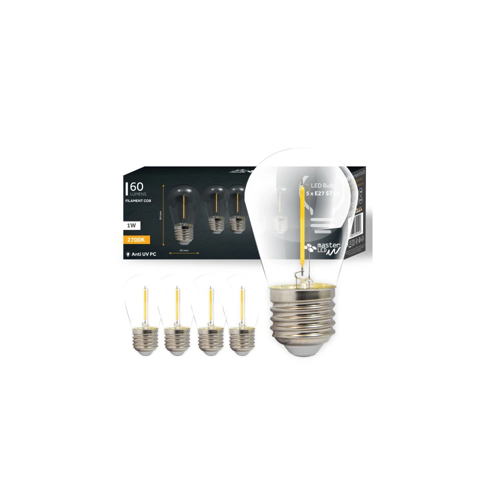 5 stk E27 1W LED pære - ST14, COB filament