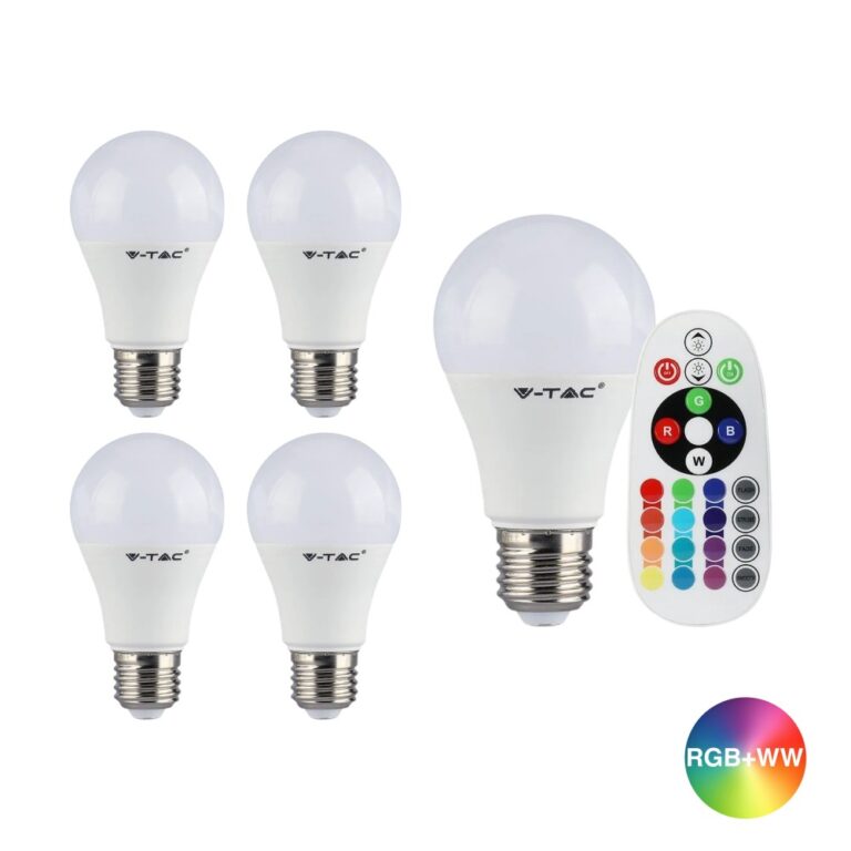 V-Tac E27 6W RGBW LED Pærer 5 stk Med RF Fjernbetjening