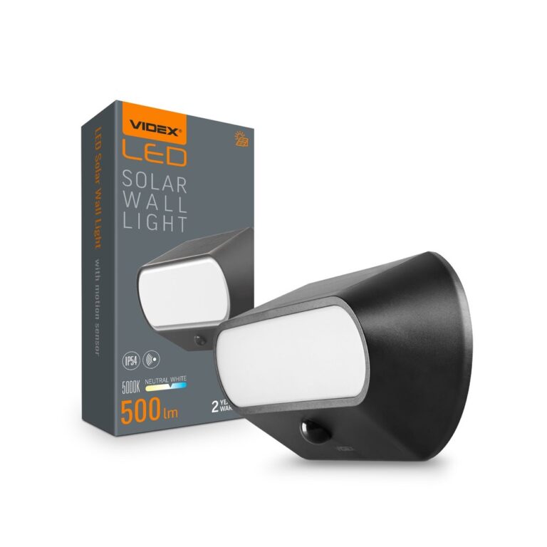 500lm Solcelle LED væglampe med sensor - IP54, 5000K, sort, bevægelsessensor, udendørs