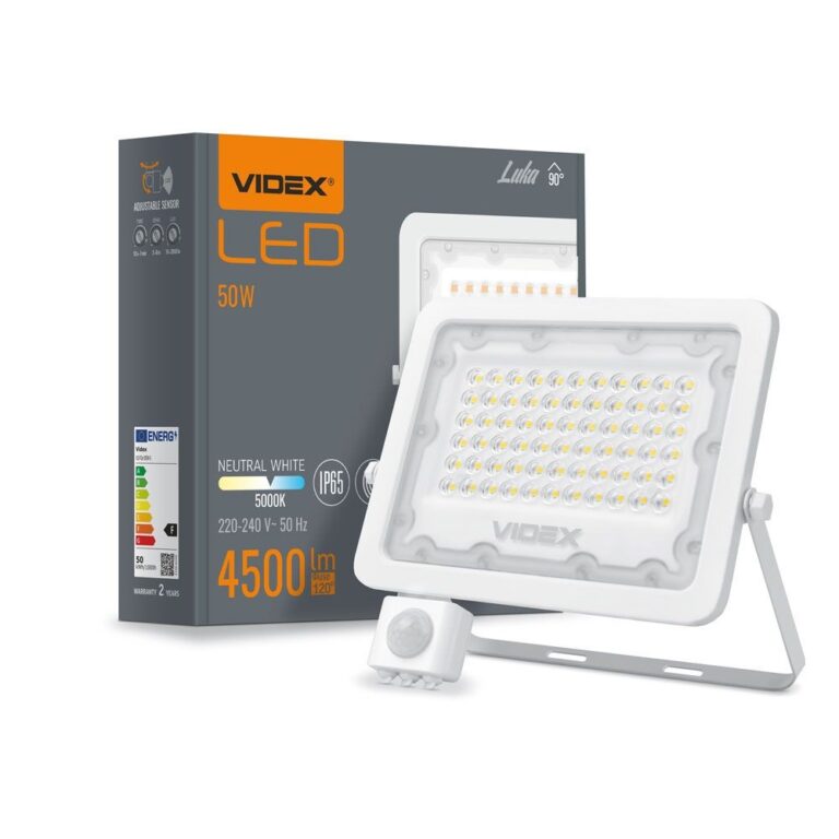 50W LED projektør med sensor - 130lm/W, IP65, 5000K, grå, udendørs, arbejdslampe
