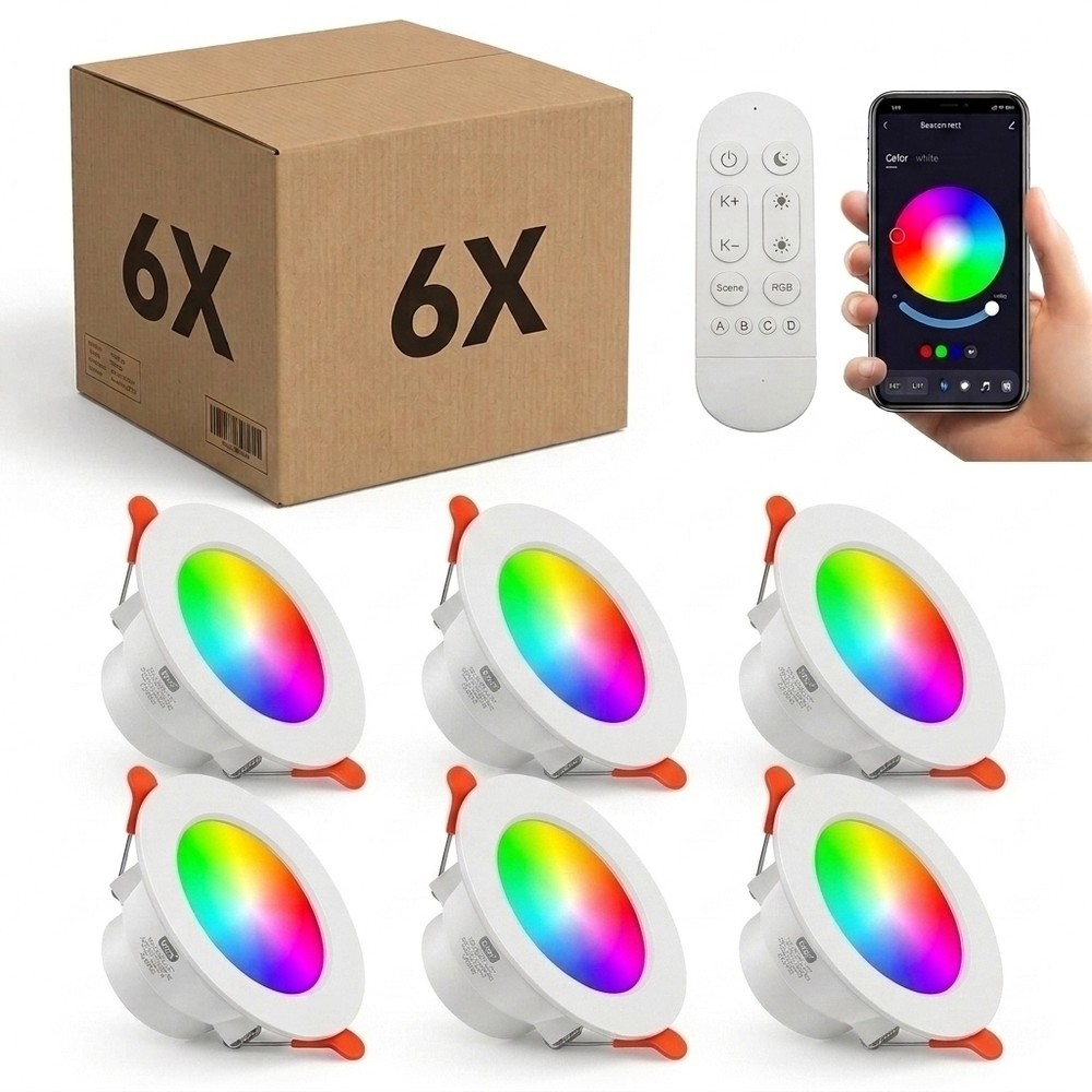 6 stk. RGB+CCT Smart Home downlight - 5W LED, Bluetooth, fjernbetjening, virker med Google Home, Alexa og smartphones