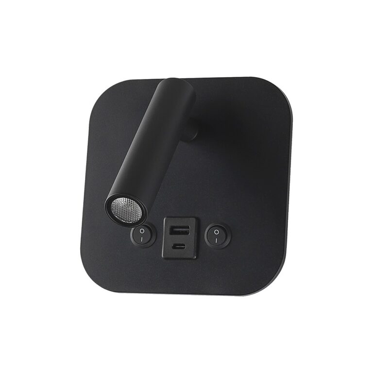 8W LED senge-væglampe med USB opladning - Sort, 3000K, CREE chip, USB-A og USB-C