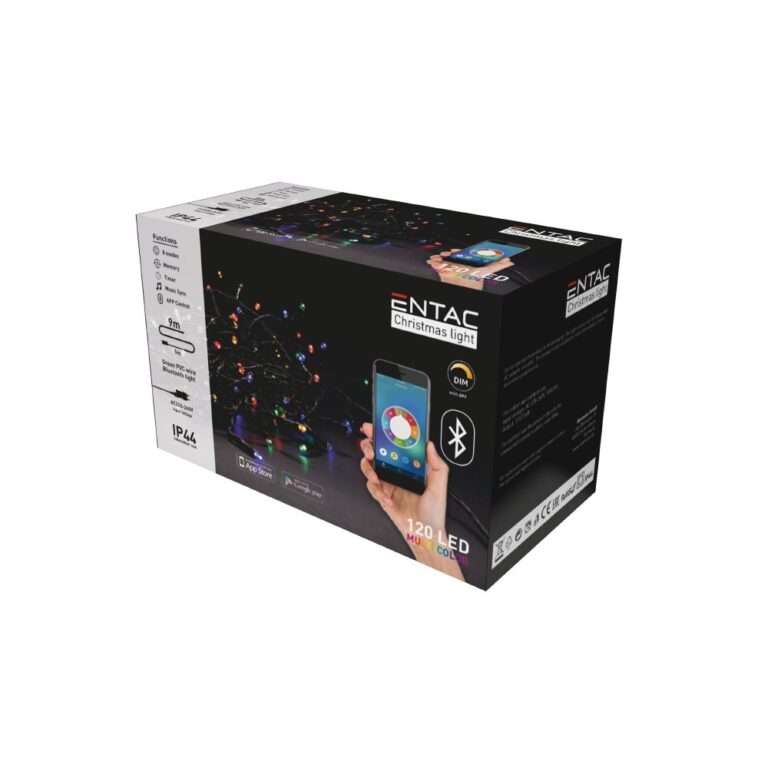 9 m. bluetooth multicolor LED julelyskæde - 120 LED, IP44 udendørs, 230V