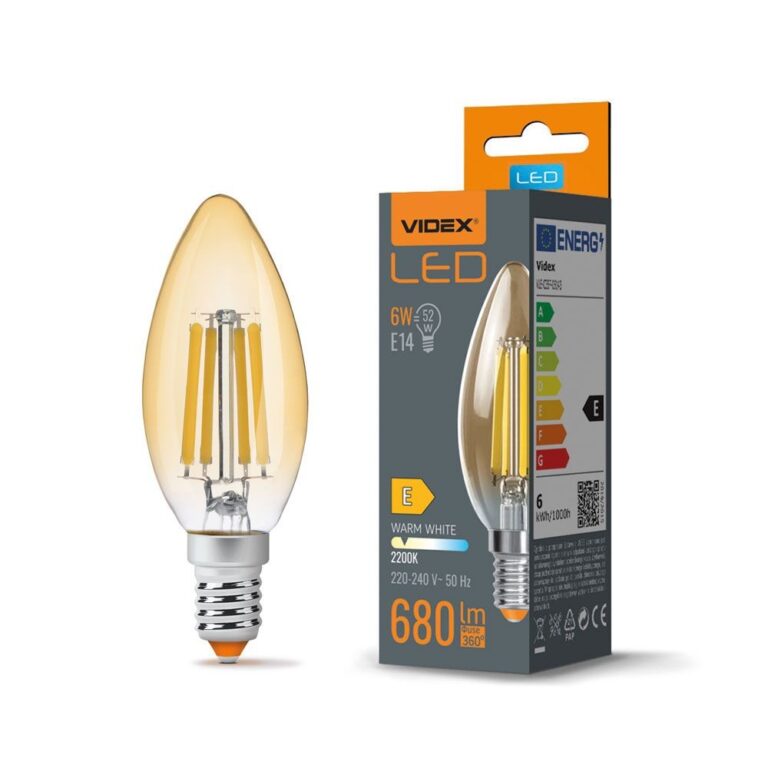 C35 LED-pære 6W E14 - kultråddesign, ravfarvet, ekstra varm hvid, 230V, 680lm, forbrug 6W