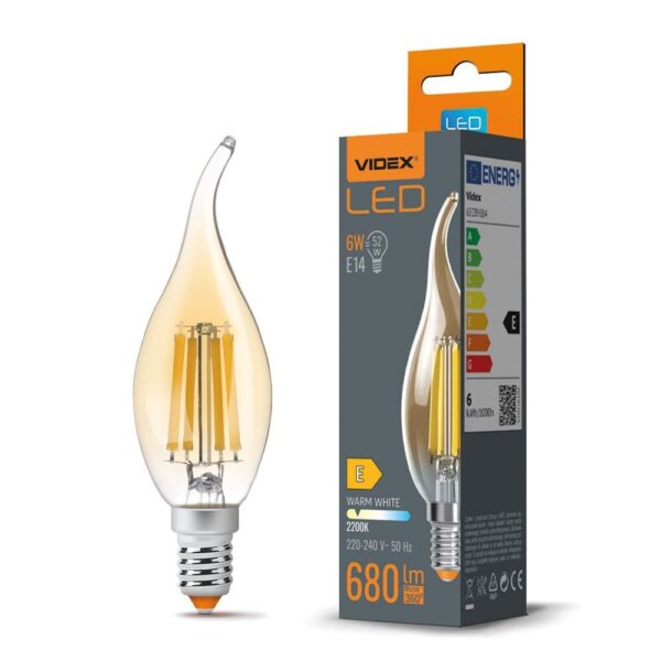 C35 LED-pære 6W E14 - kultrådfarvet, flamme, ravfarvet, ekstra varm hvid, 230V, 680lm