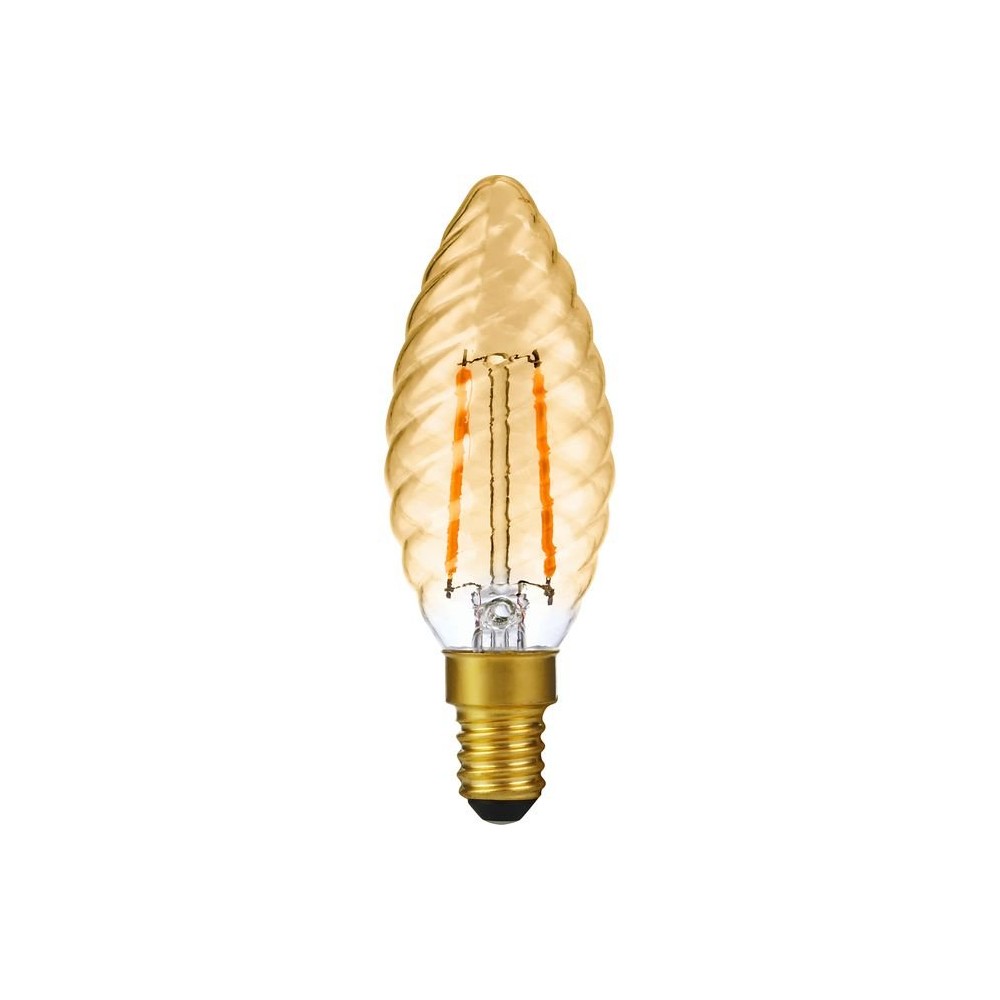 E14 2W dæmpbar LED kronepære - Twisted Candle, 2000K, Gold, filament
