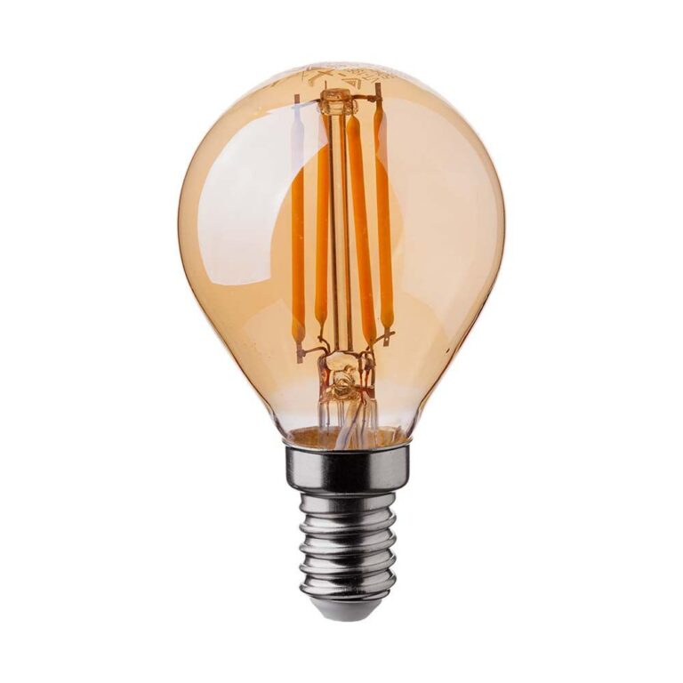 E14 4W LED filament pære - P45, amber glas, 2200K, kronepære