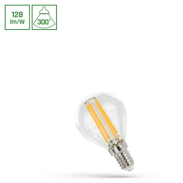 E14 5,5W LED kronepære - G45, filament, klar, 700lm, 4000K, 300Â° lysspredning