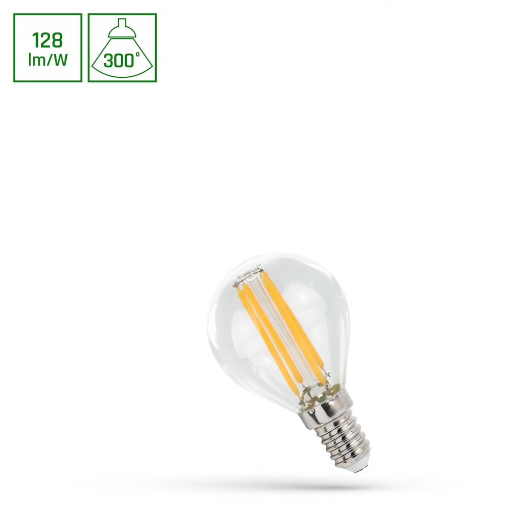 E14 5,5W LED kronepære - G45, filament, klar, 700lm, 4000K, 300° lysspredning