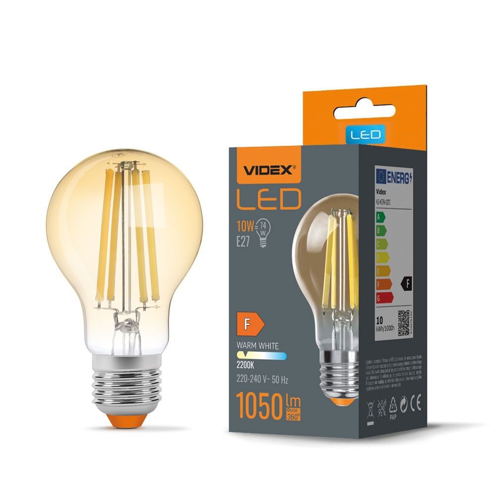 E27 10W LED filament pære - A60, 1050lm, 2200K, Amber glas, 360° lysspredning