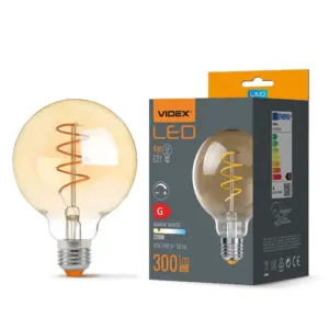 E27 4W dæmpbar LED pære - G95, spiral filament, amber glas, 2200K, flicker free