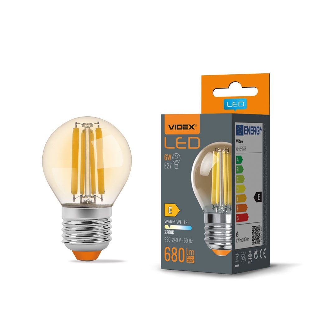 E27 6W LED filament kronepære - G45, 2200K, Amber glas, 360 grader, 750lm