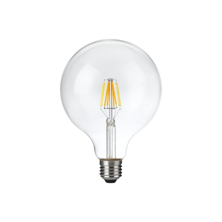 E27 6W dæmpbar LED filament pære - G125, DimToWarm, 2000K-4500K, 660lm, klart glas
