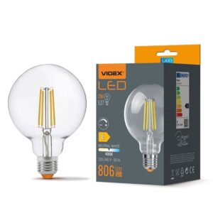 E27 7W dæmpbar LED pære - G95, 806lm, 4000K, 360 grader, filament glass