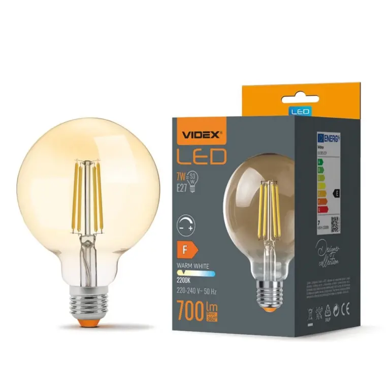 E27 7W dæmpbar LED pære - G95, Amber glas, Filament, 2200K, Erstat 53W