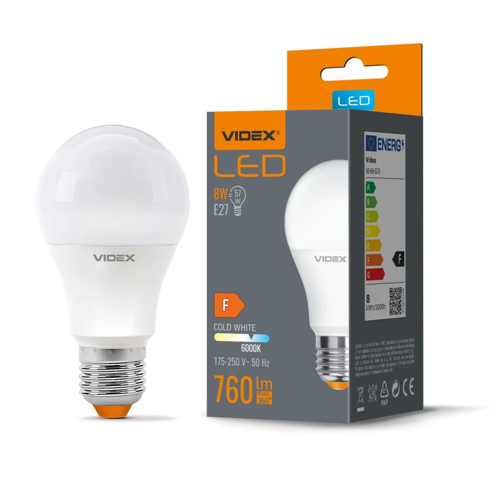 E27 8W LED pære - A60, 760lm, 6000K kold hvid, flicker free