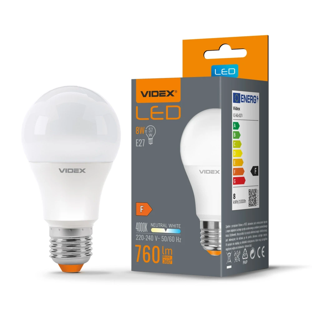 E27 8W LED pære - A60, RA90, 4000K, 800lm