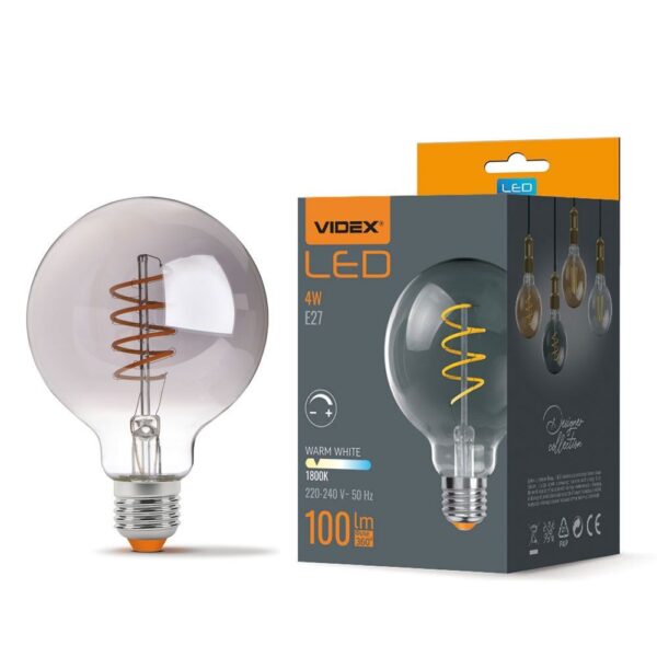 G95 LED-pære 4W E27 - kultråd, dæmpbar, spiral, gråtonet / ask-farvet, ekstra varm hvid, 230V, lysstyrke 100, forbrug 4