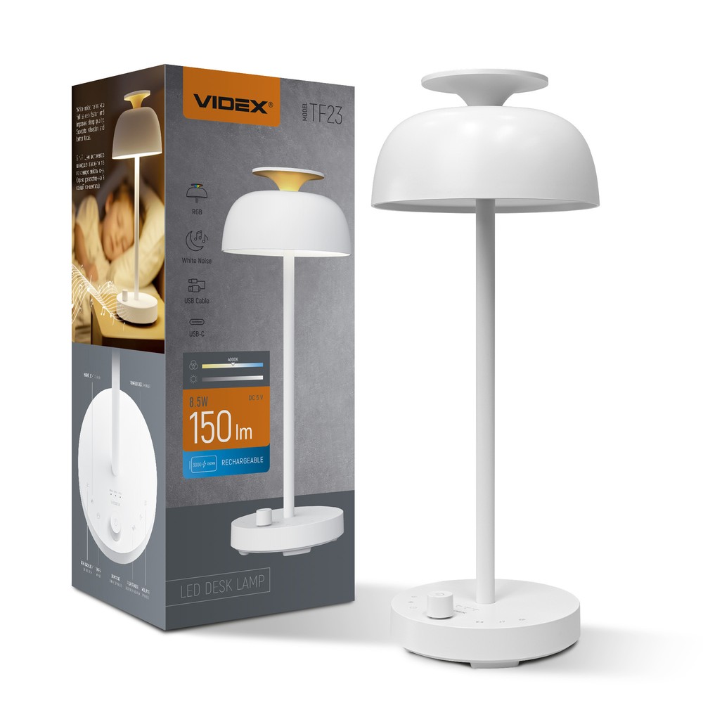 Genopladelig LED skrivebordslampe med white noise - RGB+W, neutral hvid, transportabel