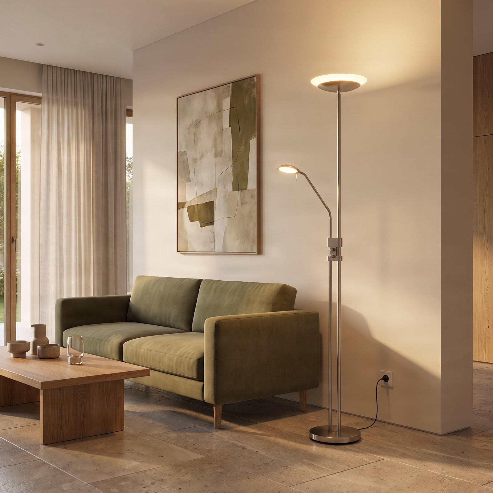 Jonne LED-gulvlampe i satineret nikkel – Lindby - Stue - Moderne - Metal - Med flere lyskilder