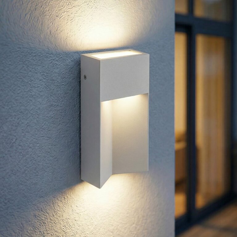 Kaholo udendørs LED-væglampe, CCT, aluminium, IP44, lysegrå, kantet Lucande - Moderne