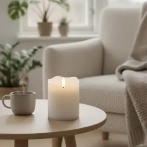 LED Bloklys 10cm høj, flammeeffekt, hvid - Ø7,5cm, 10cm høj, virker med fjernbetj, timer, ægte stearin