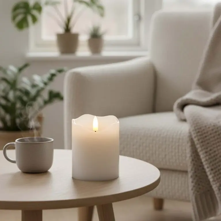 LED Bloklys 10cm høj, flammeeffekt, hvid - Ø7,5cm, 10cm høj, virker med fjernbetj, timer, ægte stearin