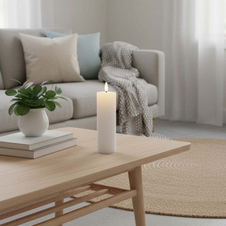 LED Bloklys 15cm høj, flammeeffekt, hvid - Ø5cm, virker m. fjernbetj, timer, ægte stearin