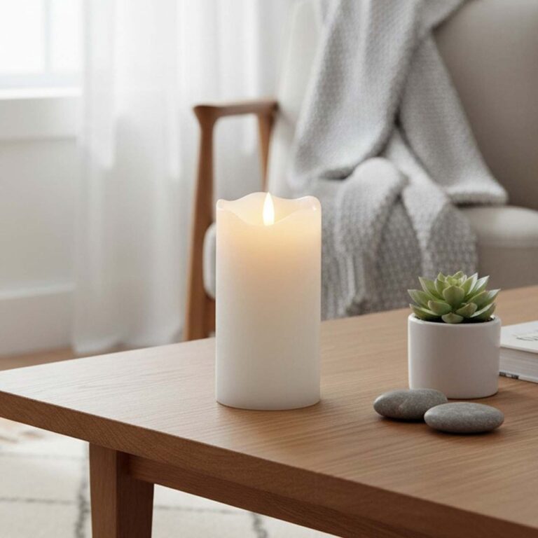 LED Bloklys 15cm høj, flammeeffekt, hvid - Ø7,5cm, 15cm høj, virker med fjernbetj, timer, ægte stearin