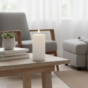 LED Bloklys 15cm høj, smelte-look, flammeeffekt - Ø7,5cm, 15cm høj, virker m. fjernbetj, timer, ægte stearin