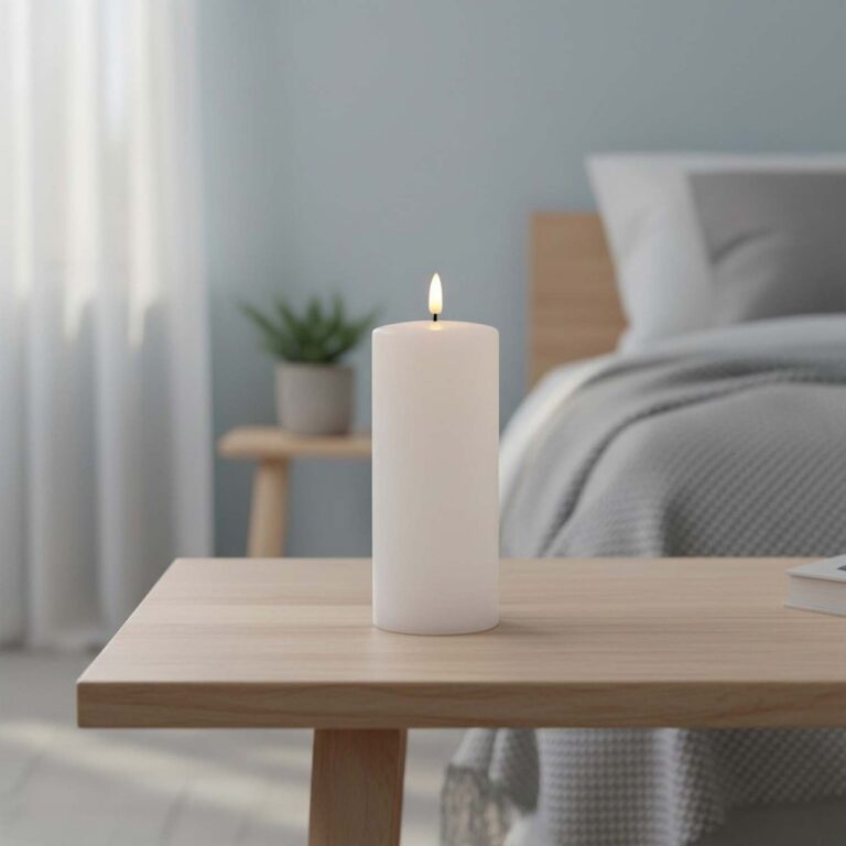 LED Bloklys 17,5cm høj, smelte-look, flammeeffekt - Ø7,5cm, 17,5cm høj, virker m. fjernbetj (ikke inkl.), timer, ægte stearin