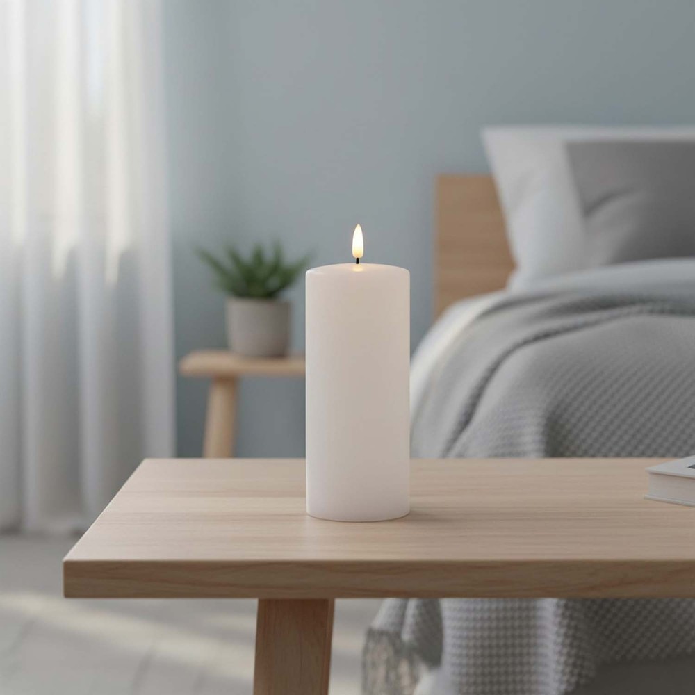 LED Bloklys 17,5cm høj, smelte-look, flammeeffekt - Ø7,5cm, 17,5cm høj, virker m. fjernbetj (ikke inkl.), timer, ægte stearin