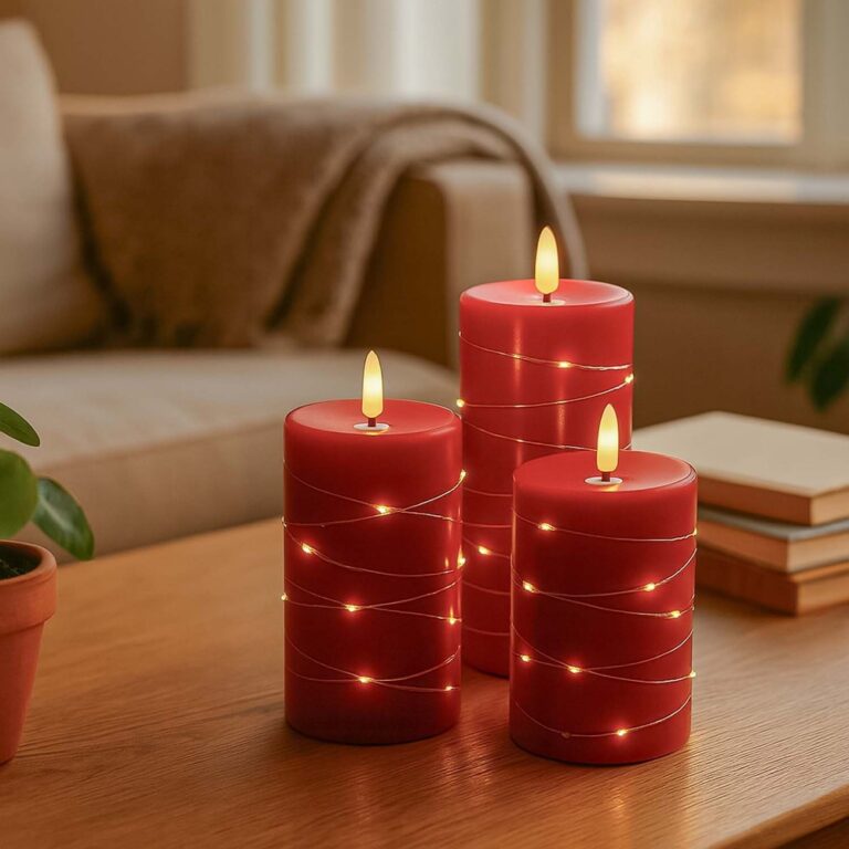 LED Bloklys 3 stk sæt med lyskæde, flammeeffekt - Ø7,5cm, 10/12,5/15cm høj, inkl. fjernbetj, timer, ægte stearin, Rød