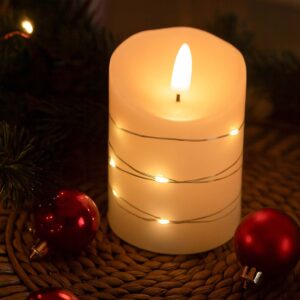 LED Bloklys med lyskæde, 10cm høj, flammeeffekt - Ø7,5cm, 10cm høj, virker m. fjernbetj, ægte stearin
