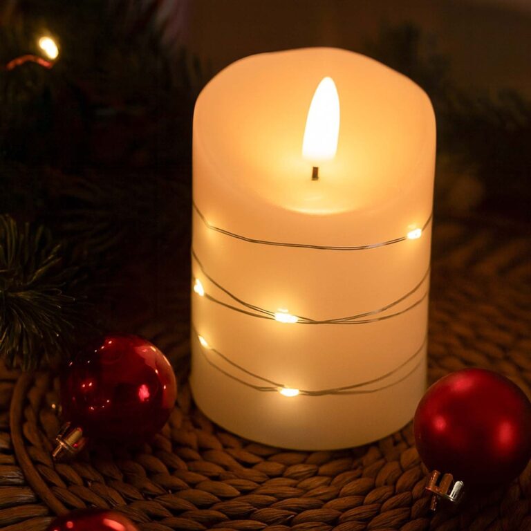 LED Bloklys med lyskæde, 10cm høj, flammeeffekt - Ø7,5cm, 10cm høj, virker m. fjernbetj, ægte stearin