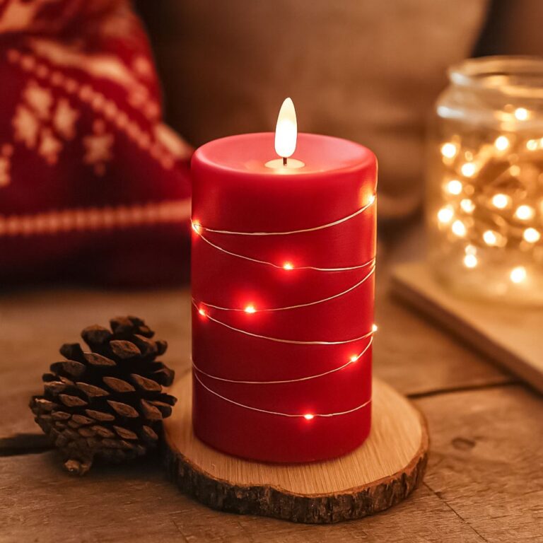 LED Bloklys med lyskæde, 12,5cm høj, flammeeffekt - Ø7,5cm, 10cm høj, virker m. fjernbetj, ægte stearin, rød