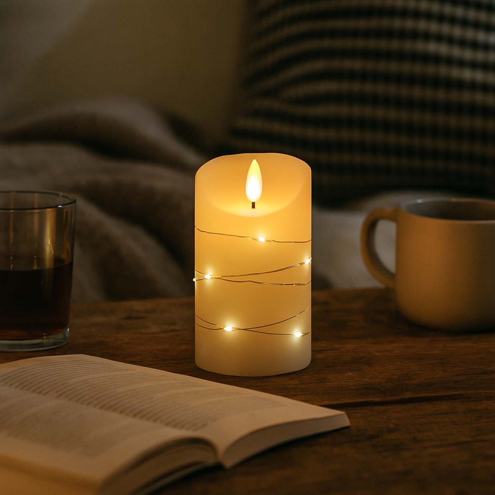 LED Bloklys med lyskæde, 12,5cm høj, flammeeffekt - Ø7,5cm, 12,5cm høj, virker m. fjernbetj (ikke inkl.), ægte stearin