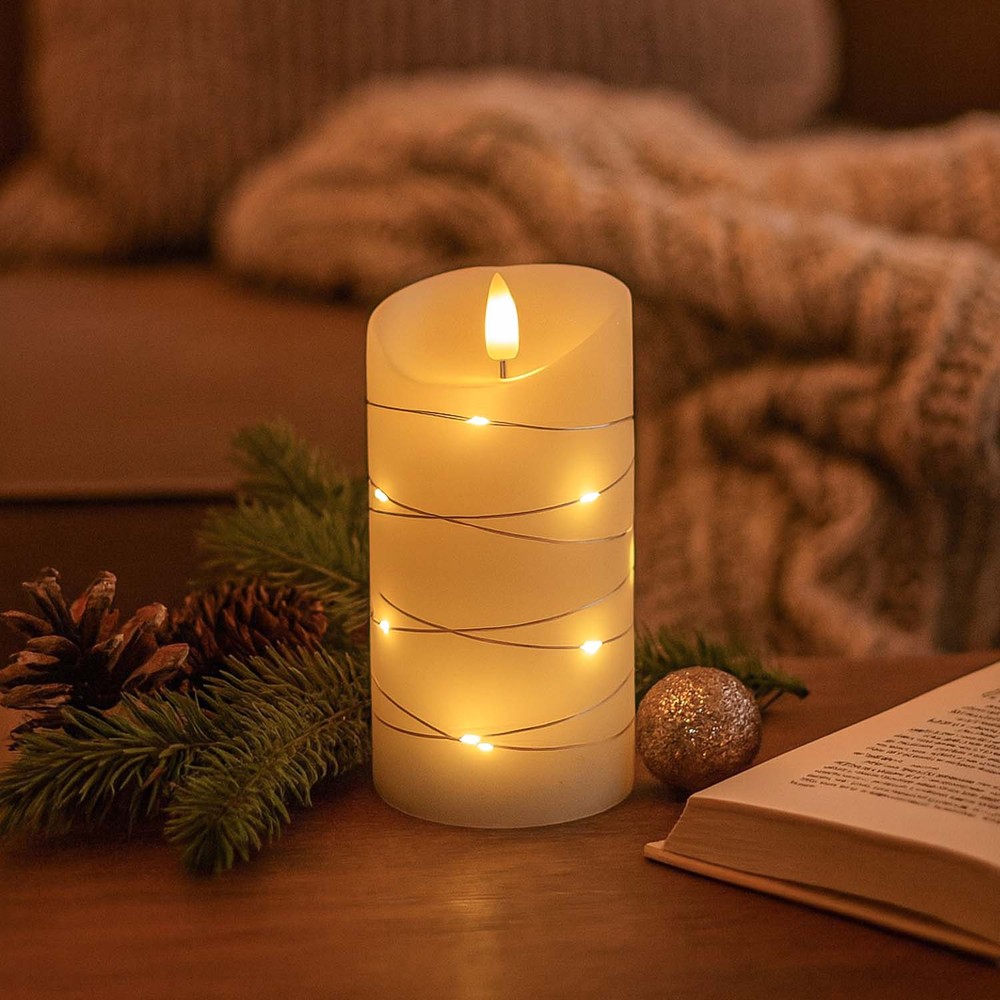 LED Bloklys med lyskæde, 15cm høj, flammeeffekt - Ø7,5cm, 15cm høj, virker m. fjernbetj (ikke inkl.), ægte stearin