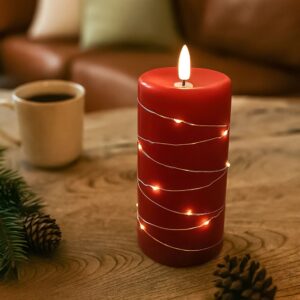 LED Bloklys med lyskæde, 15cm høj, flammeeffekt - Ø7,5cm, virker m. fjernbetj, ægte stearin, rød